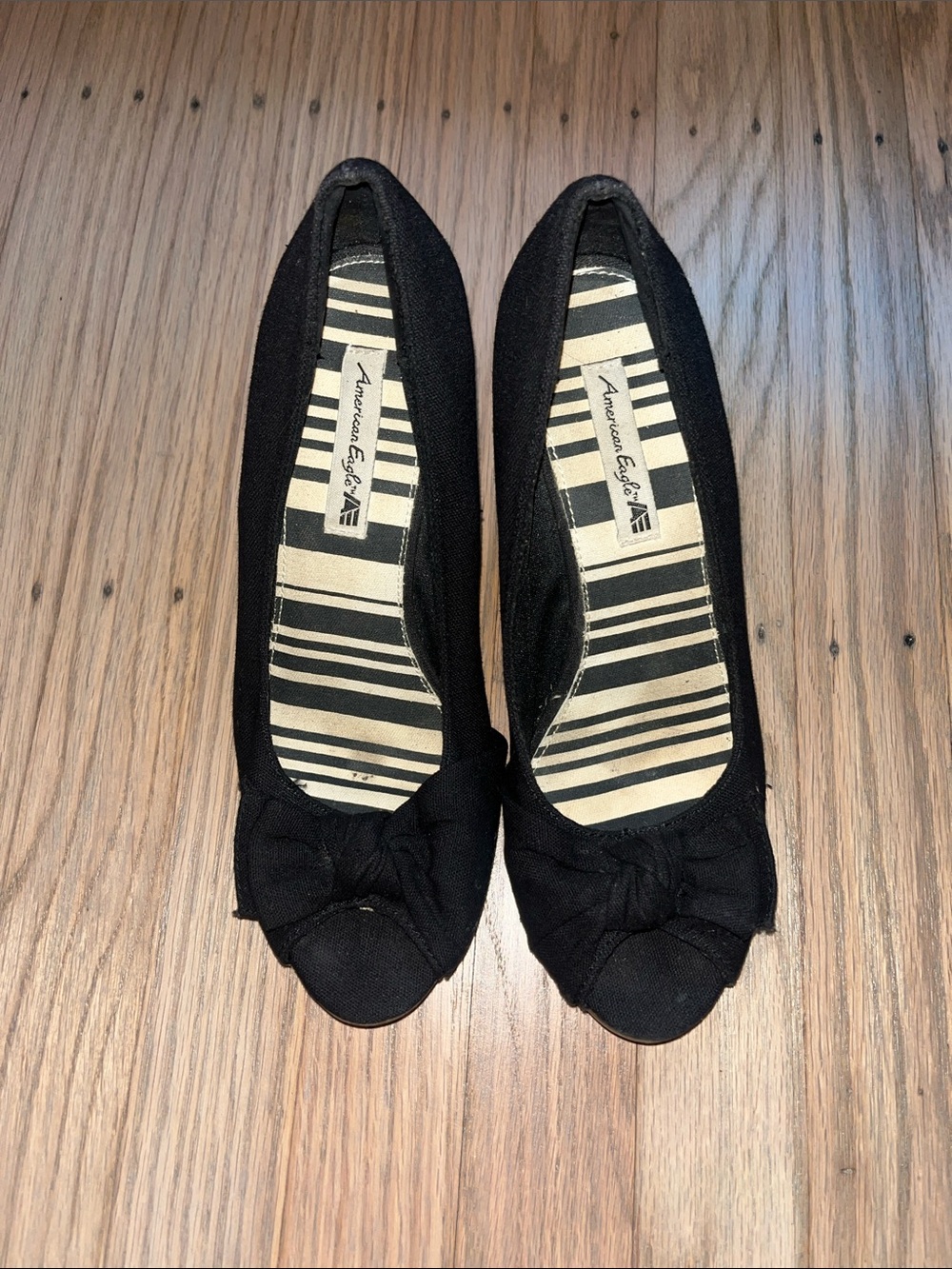 American Eagle Outfitters Black Bow Peep Toe Flats with Striped Insole
